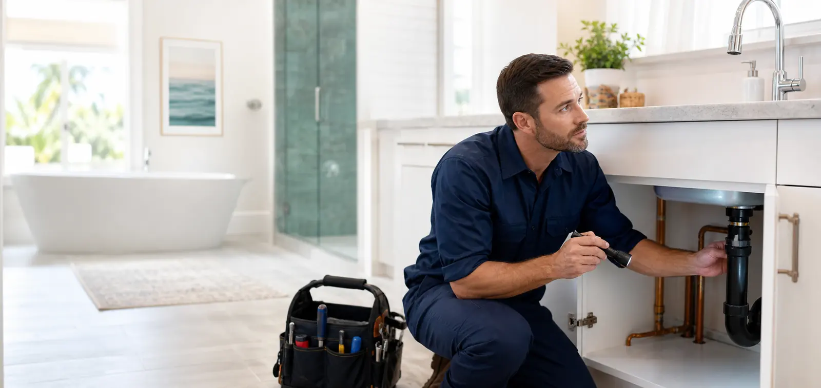 Professional plumber inspecting plumbing under a modern kitchen sink