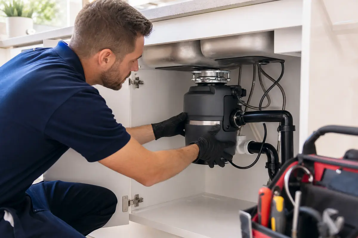 How to Fix a Jammed Garbage Disposal image showing kitchen plumbing and garbage disposal repair for Middlesex, NJ plumbing customers